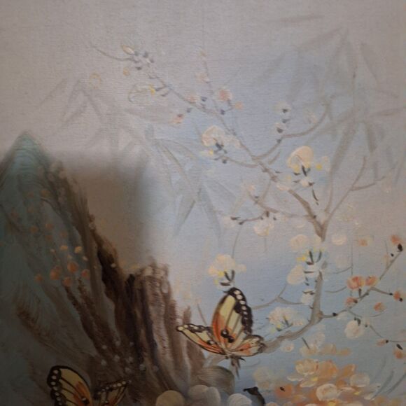 A Vintage Japanese Painting on Canvas Framed Artwork Floral Butterfly - Picture 5 of 16